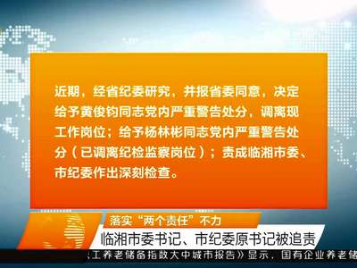 落实“两个责任”不力 临湘市委书记、市纪委原书记被追责