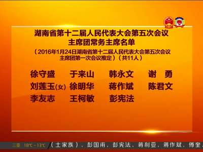 湖南省第十二届人民代表大会第五次会议主席团常务主席名单