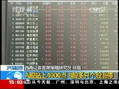 [视频]沪深股市：A股站上4000点 B股多只个股涨停
