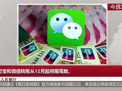 [视频]中国人民银行:支付宝和微信转账12月起将限笔数