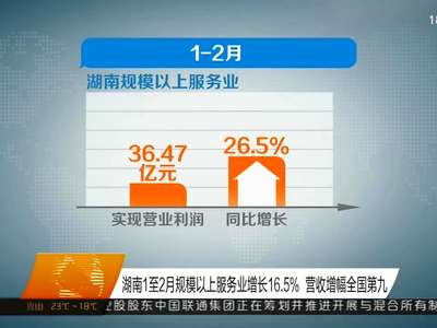 湖南1至2月规模以上服务业增长16.5% 营收增幅全国第九